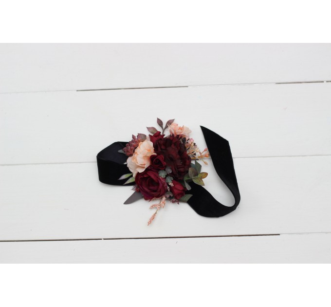  Wedding boutonniere and wrist corsage  in purple burgundy beige black color scheme. Flower accessories. 5016