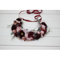 Burgundy dusty pink  flower crown. Hair wreath. Flower girl crown. Wedding flowers. 5019