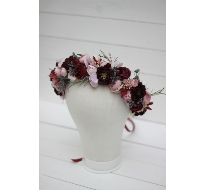 Burgundy dusty pink  flower crown. Hair wreath. Flower girl crown. Wedding flowers. 5019