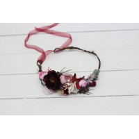 Burgundy dusty pink  flower crown. Hair wreath. Flower girl crown. Wedding flowers. 5019