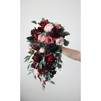 Wedding bouquets in burgundy black pink colors. Bridal bouquet. Cascading bouquet. Faux bouquet. Bridesmaid bouquet. 5020
