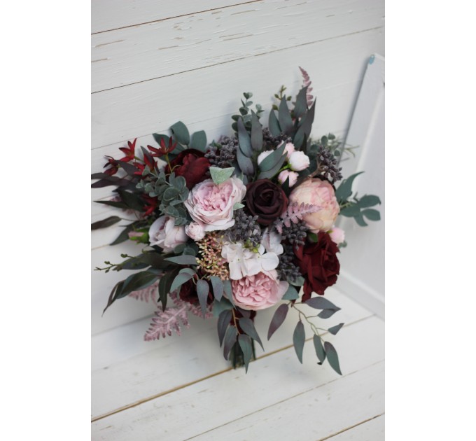 Wedding bouquets in burgundy dusty pink colors. Bridal bouquet. Cascading bouquet. Faux bouquet. Bridesmaid bouquet. 5019