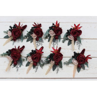  Wedding boutonnieres and wrist corsage  in burgundy beige color scheme. Flower accessories. 5018