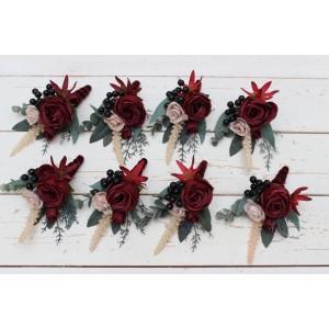  Wedding boutonnieres and wrist corsage  in burgundy beige color scheme. Flower accessories. 5018