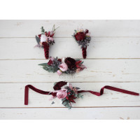  Wedding boutonnieres and wrist corsage  in burgundy dusty pink color scheme. Flower accessories. 5019