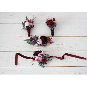  Wedding boutonnieres and wrist corsage  in burgundy dusty pink color scheme. Flower accessories. 5019