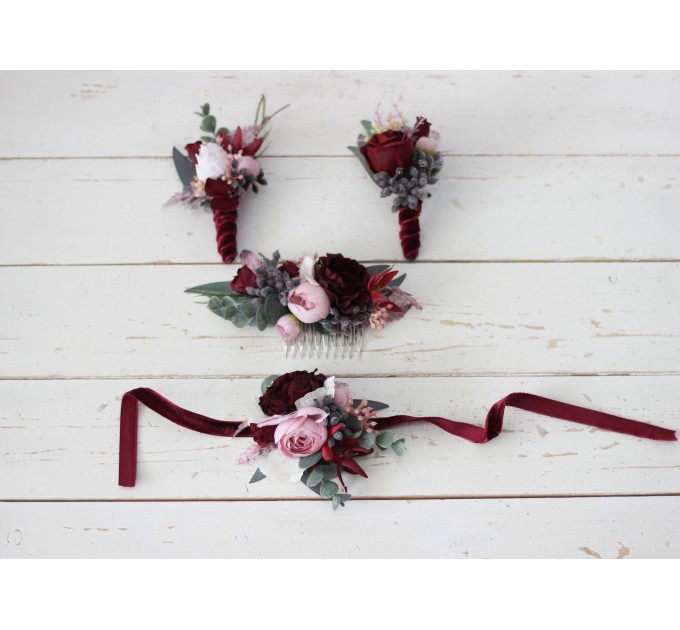  Wedding boutonnieres and wrist corsage  in burgundy dusty pink color scheme. Flower accessories. 5019