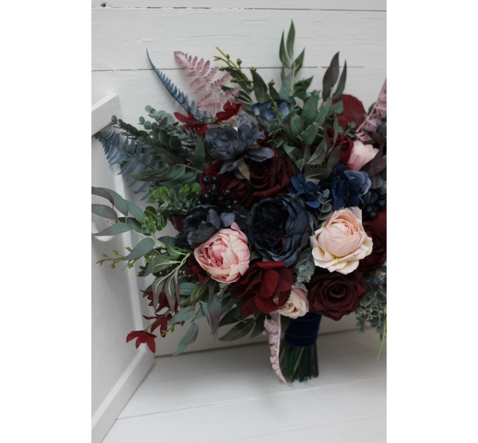 Wedding bouquets in burgundy navy blue blush pink colors. Bridal bouquet. Cascading bouquet. Faux bouquet. Bridesmaid bouquet. 5022-1