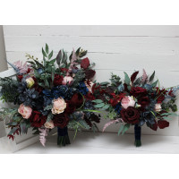 Wedding bouquets in burgundy navy blue blush pink colors. Bridal bouquet. Cascading bouquet. Faux bouquet. Bridesmaid bouquet. 5022-1