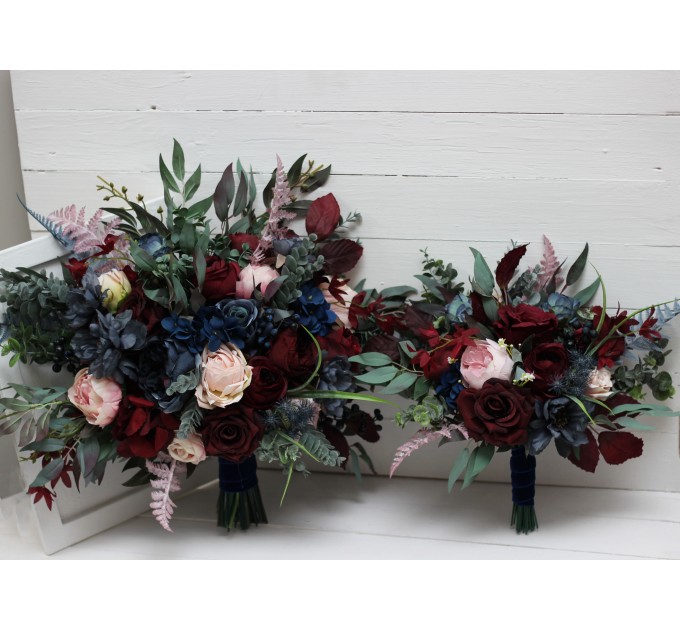 Wedding bouquets in burgundy navy blue blush pink colors. Bridal bouquet. Cascading bouquet. Faux bouquet. Bridesmaid bouquet. 5022-1