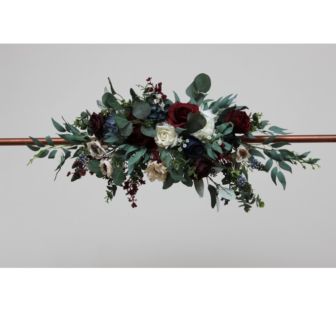  Flower arch arrangement in burgundy navy blue cream colors.  Arbor flowers. Floral archway. Faux flowers for wedding arch. 5024