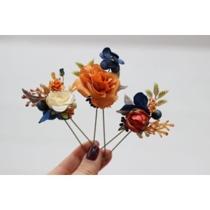  Set of 3 hair pins in navy blue ivory burnt orange  color scheme. Hair accessories. Flower accessories for wedding.  5029