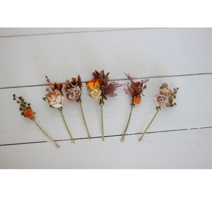  Set of 6 hair pins in rust orange beige color scheme. Hair accessories. Flower accessories for wedding.  5023 Autumn