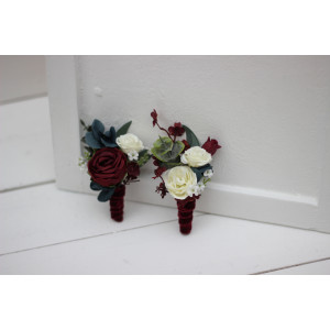  Wedding boutonniere and wrist corsage  in burgundy navy blue white color scheme. Flower accessories. 5024