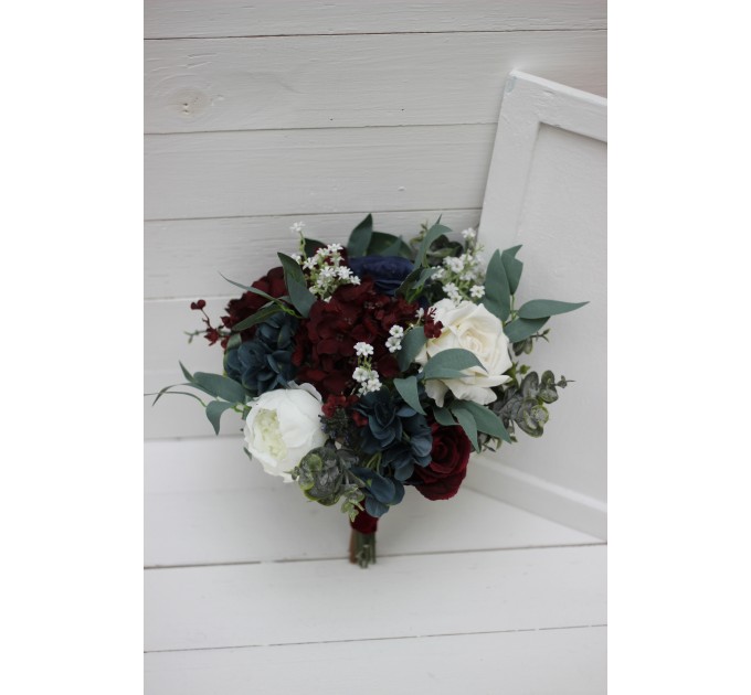 Wedding bouquets in burgundy navy blue cream colors. Bridal bouquet. Faux bouquet. Bridesmaid bouquet. 5024