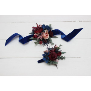  Wedding boutonnieres and wrist corsage  in burgundy navy blue blush pink color scheme. Flower accessories. 5022-1
