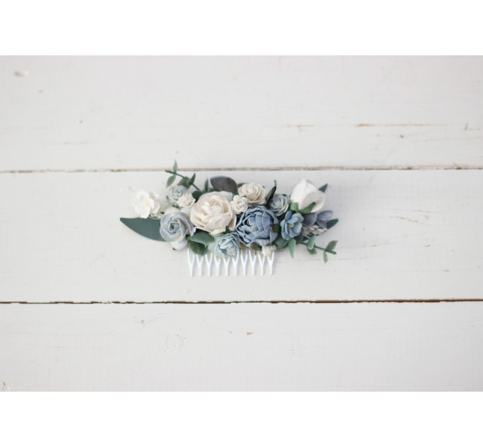 Flower comb in dusty blue white color scheme. Wedding accessories for hair. Bridal flower comb. Bridesmaid floral comb. 5031