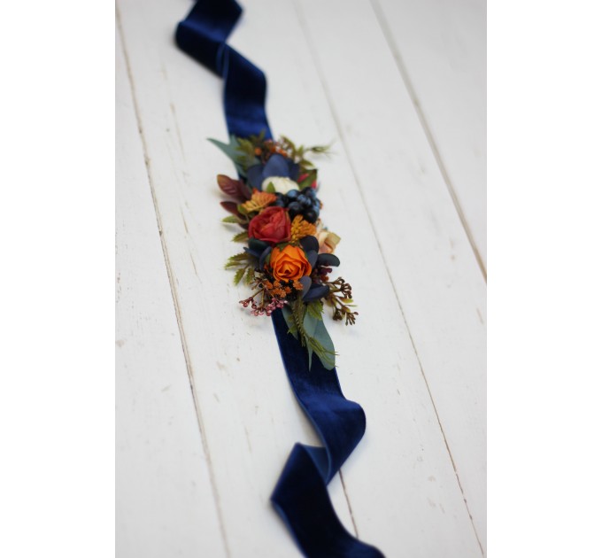Navy blue ivory burnt orange flower belt for fall wedding Floral sash Bridal belt Flower girl belt. 5029