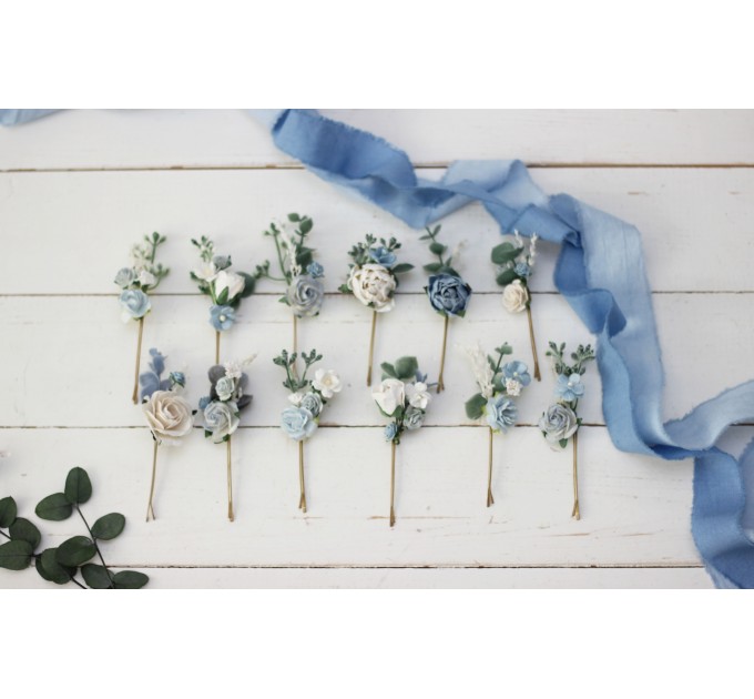  Set of hair pins in dusty blue white color scheme. Hair accessories. Flower accessories for wedding.  5031