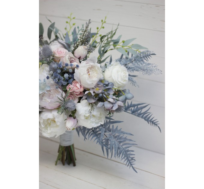 Wedding bouquets in dusty blue pink white colors. Bridal bouquet. Cascading bouquet. Faux bouquet. Bridesmaid bouquet. 5032