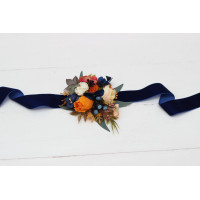  Wedding boutonnieres and wrist corsage  in navy blue ivory burnt orange color scheme. Flower accessories. 5029