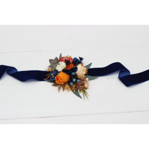  Wedding boutonnieres and wrist corsage  in navy blue ivory burnt orange color scheme. Flower accessories. 5029