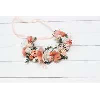 Blush pink white peach flower crown. Hair wreath. Flower girl crown. Wedding flowers. 5035