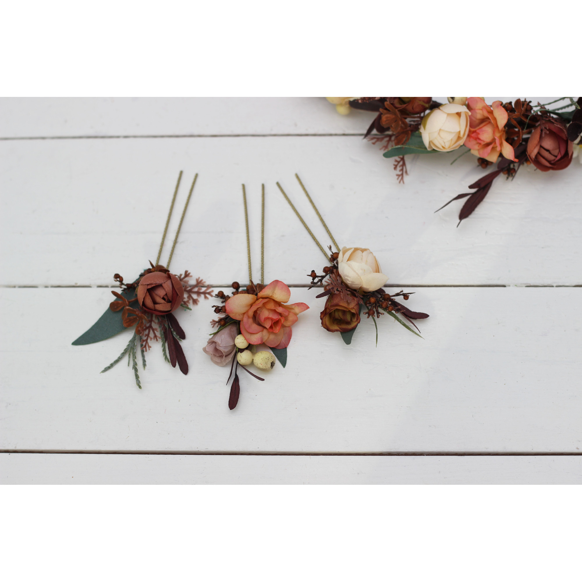 Wedding Hair Pins – Set of 3 Terracotta, Rust & Peach Faux 