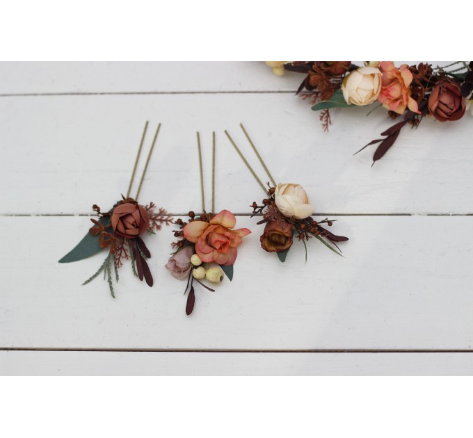  Set of 3 hair pins in terracotta rust peach color scheme. Hair accessories. Flower accessories for wedding.  5040