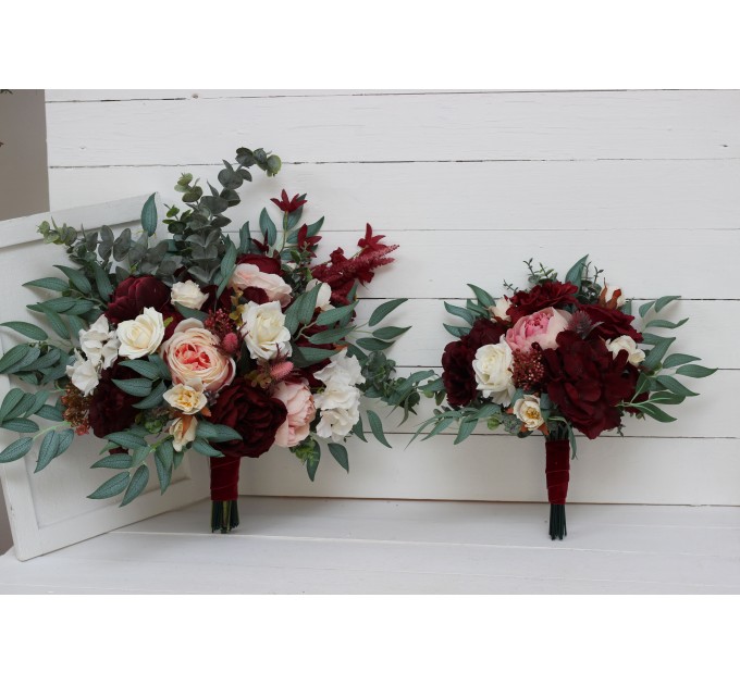 Wedding bouquets in burgundy blush pink ivory white colors. Bridal bouquet. Faux bouquet. Bridesmaid bouquet. 5036-1