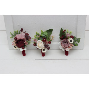  Wedding boutonnieres and wrist corsage  in burgundy dusty rose cream color scheme. Flower accessories. 5037