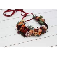  Boho flowers .Rust orange burgundy flower crown. Wedding headpiece Burgundy wedding. Bridal hairpiece. Bridesmaid crown.Flower girl crown. 0035