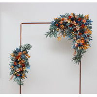 Flower arch arrangement in dark teal rust ivory colors. Navy blue orange arch flowers. Arbor flowers. Floral archway. Faux flowers for wedding. 0034