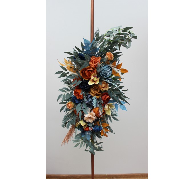 Flower arch arrangement in dark teal rust ivory colors. Navy blue orange arch flowers. Arbor flowers. Floral archway. Faux flowers for wedding. 0034