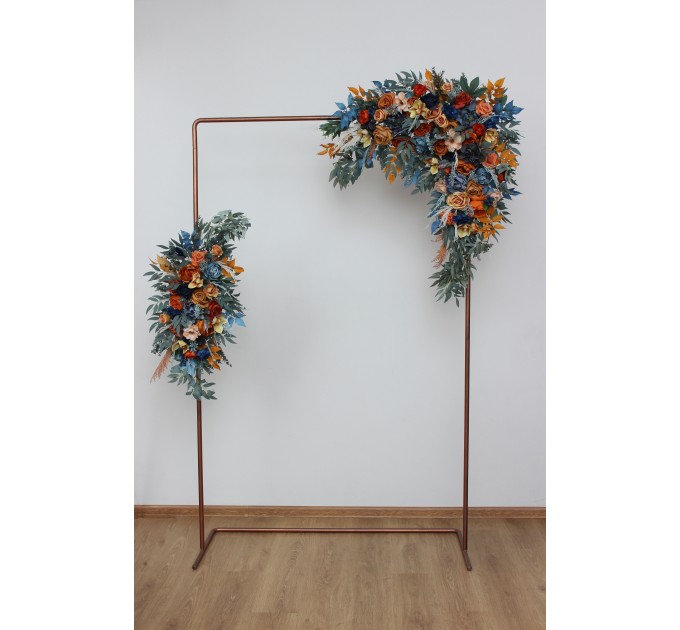 Flower arch arrangement in dark teal rust ivory colors. Navy blue orange arch flowers. Arbor flowers. Floral archway. Faux flowers for wedding. 0034