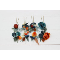 Set of 8 hair pins in teal rust blue orange color scheme. Hair accessories. Flower accessories for wedding. 0034