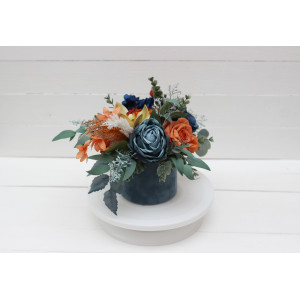 Teal rust ivory  centerpiece. Table decor. Flowers in box. 0034