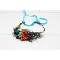 Teal rust ivory flower crown. Hair wreath. Flower girl crown. Wedding flowers. 0034