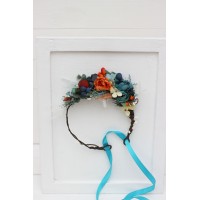 Teal rust ivory flower crown. Hair wreath. Flower girl crown. Wedding flowers. 0034