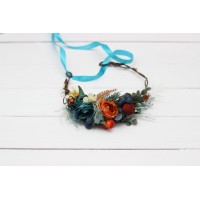 Teal rust ivory flower crown. Hair wreath. Flower girl crown. Wedding flowers. 0034