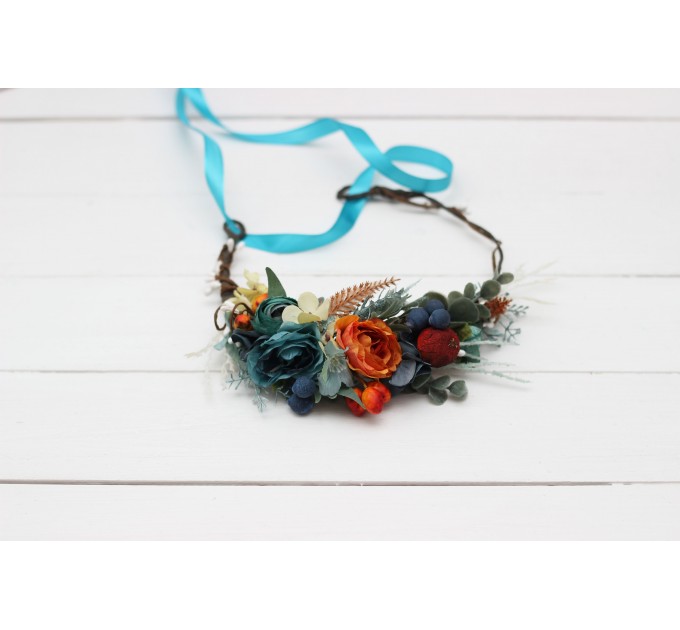 Teal rust ivory flower crown. Hair wreath. Flower girl crown. Wedding flowers. 0034