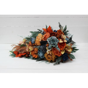 Wedding bouquets in dark teal rust ivory colors. Navy blue orange flowers.Bridal bouquet.Cascading bouquet. Faux bouquet. Bridesmaid bouquet. 0034