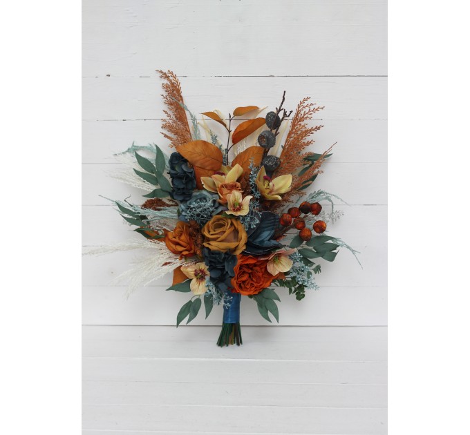 Wedding bouquets in dark teal rust ivory colors. Navy blue orange flowers.Bridal bouquet.Cascading bouquet. Faux bouquet. Bridesmaid bouquet. 0034