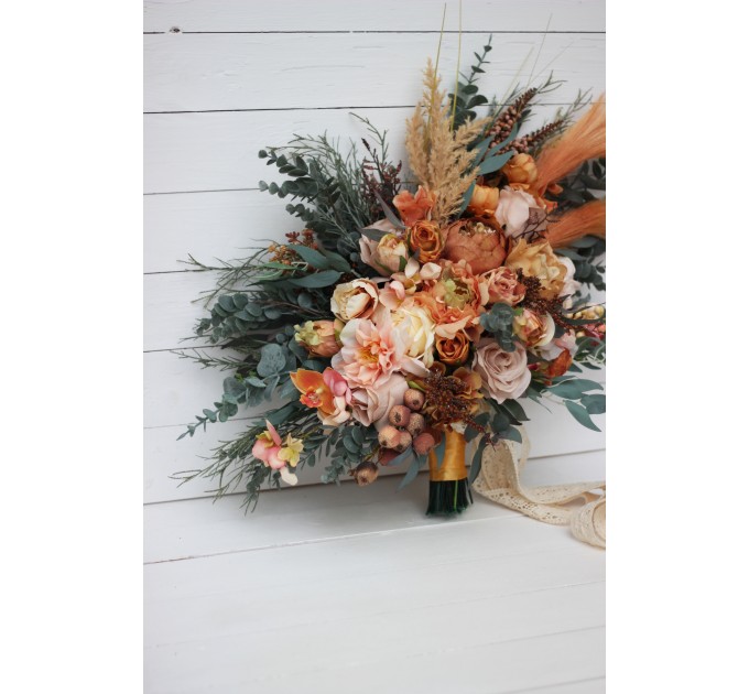 Wedding bouquets in orange rust peach colors. Bridal bouquet. Cascading bouquet. Faux bouquet. Bridesmaid bouquet. 0001 