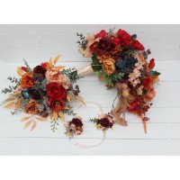 Cascading bouquet. Fall wedding bouquet. Rust orange red blue bridal bouquet. Faux bouquet. Wedding flowers. Boho wedding bouquet. 5042