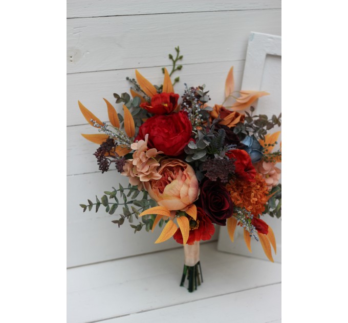 Cascading bouquet. Fall wedding bouquet. Rust orange red blue bridal bouquet. Faux bouquet. Wedding flowers. Boho wedding bouquet. 5042