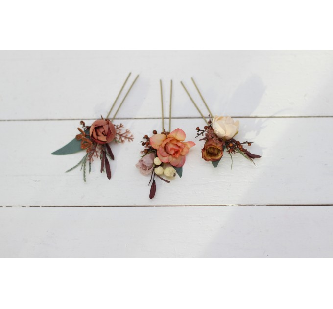  Set of 3 hair pins in terracotta rust peach color scheme. Hair accessories. Flower accessories for wedding.  5040