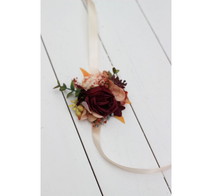  Wedding boutonnieres and wrist corsage  in burgundy orange color scheme. Flower accessories. 5042