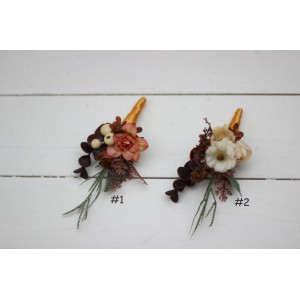  Wedding boutonnieres and wrist corsage  in terracotta rust peach color scheme. Flower accessories. 5040