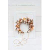  Beige pale orange flower crown. Hair wreath. Flower girl crown. Wedding flowers. 5045